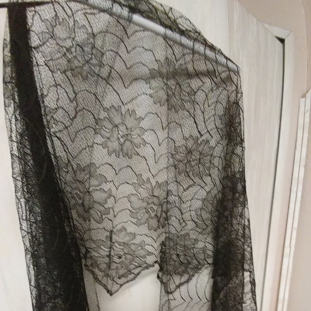Vintage Plisse Black Lace Paneled Scarf